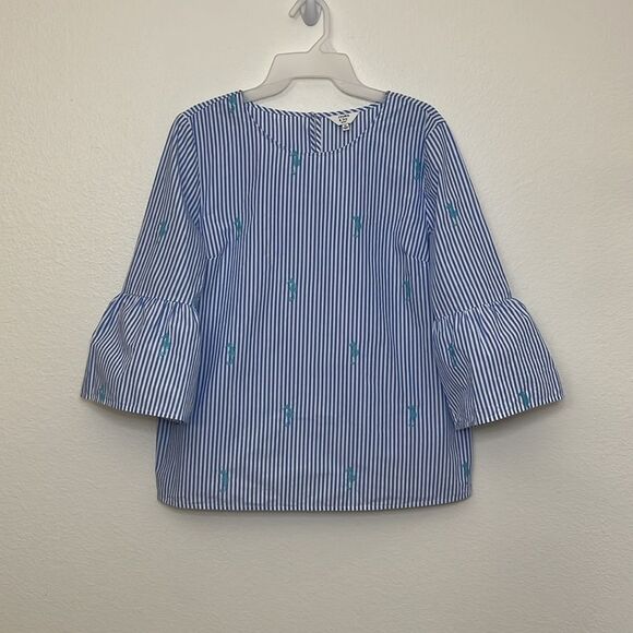 Crown & Ivy Size L Petite Blouse Blue White Stripe Seahorses Gateway To Bali - Picture 2 of 12